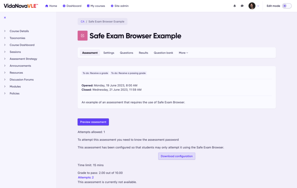 VidaNovaVLE Assessments screenshot