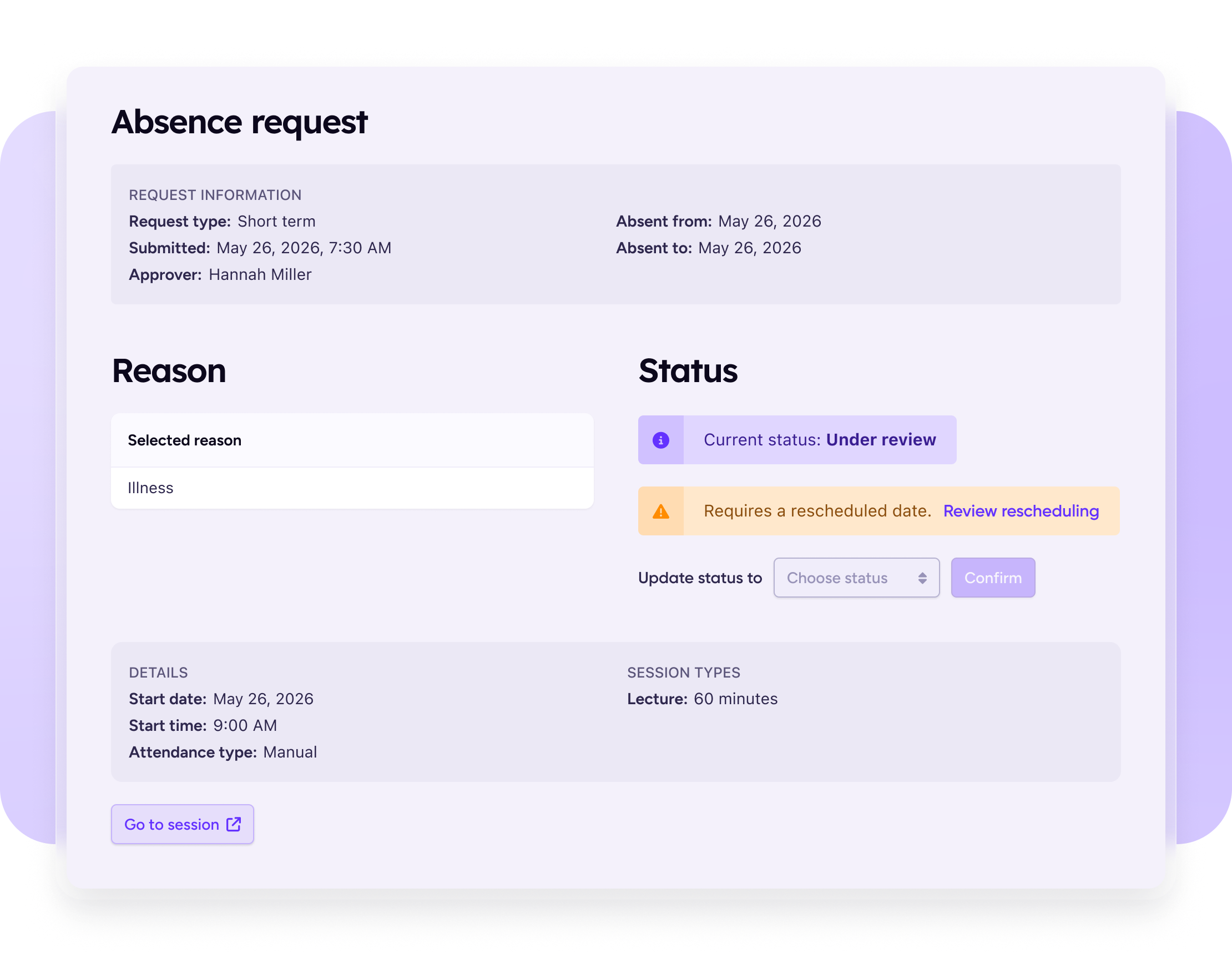 Screenshot of an absence request in VidaNovaVLE®